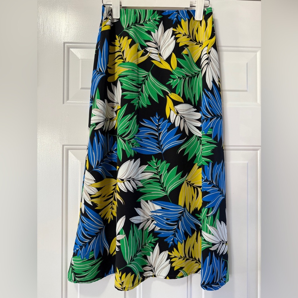 Floral Leaf Print Skirt - Black, Green, Blue, Yellow